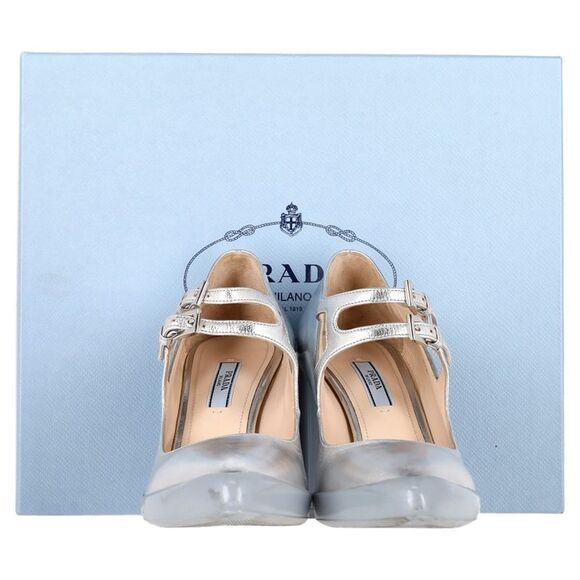 Prada Double Strap Mary Jane Block-Heeled Pumps in Silver Leather - Picture 12 of 12